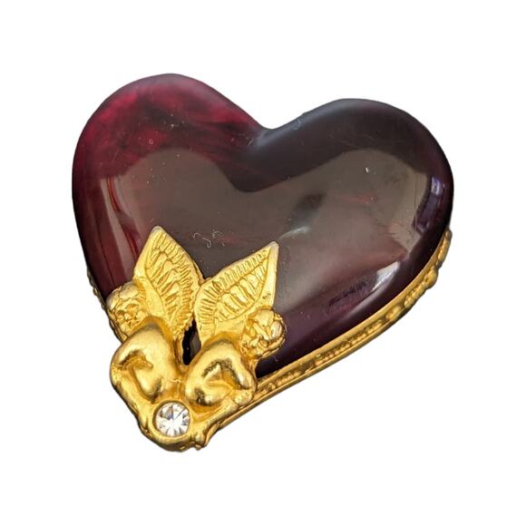 Vintage Givenchy Cherub Lucite Heart Brooch Jewelry RARE Rhinestone Pin Gold Red - Picture 4 of 14